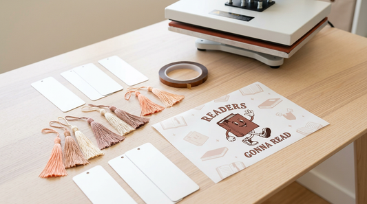 Flat lay of sublimation bookmark blanks, a heat press, and printed bookish PNG designs on a craft table.