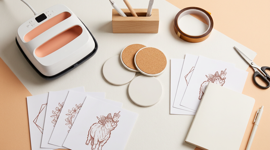 A flat lay of blank sublimation car coasters, a craft heat press, heat-resistant tape, and printed digital designs on a clean