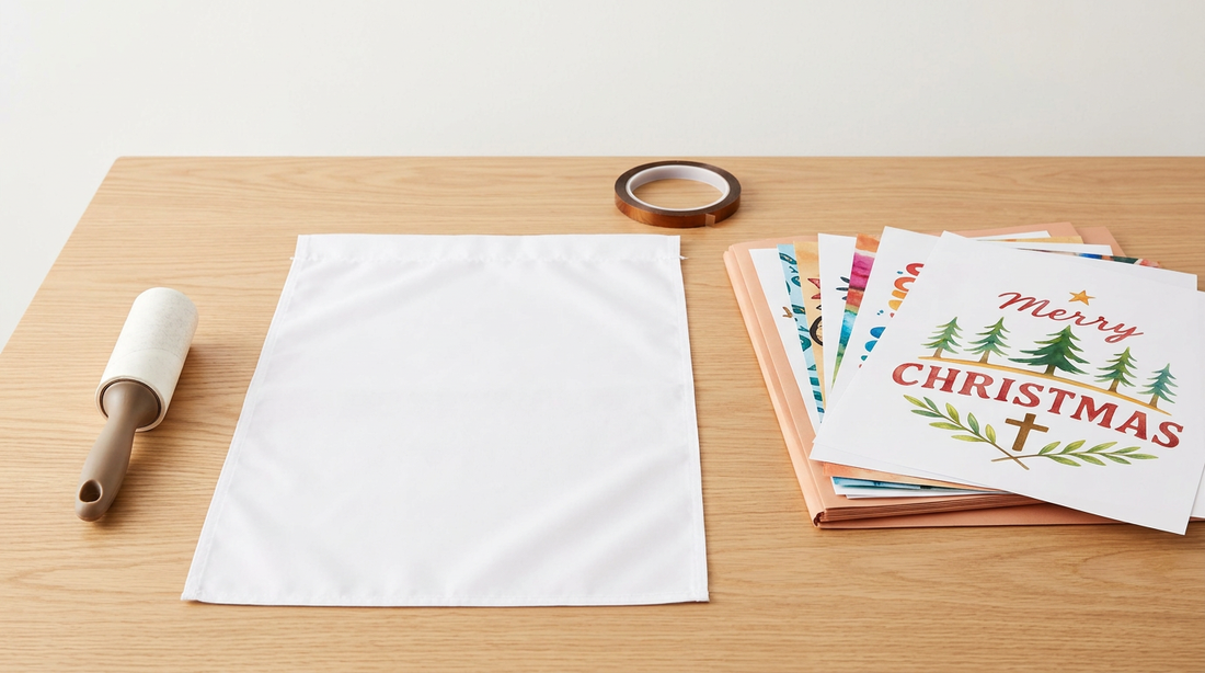 A clean crafting workspace showing a blank white polyester garden flag, heat tape, and colorful sublimation prints on a