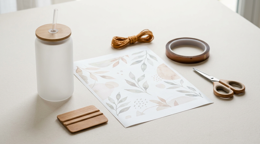 Blank frosted glass can cup with sublimation paper and heat tape on a clean crafting table.