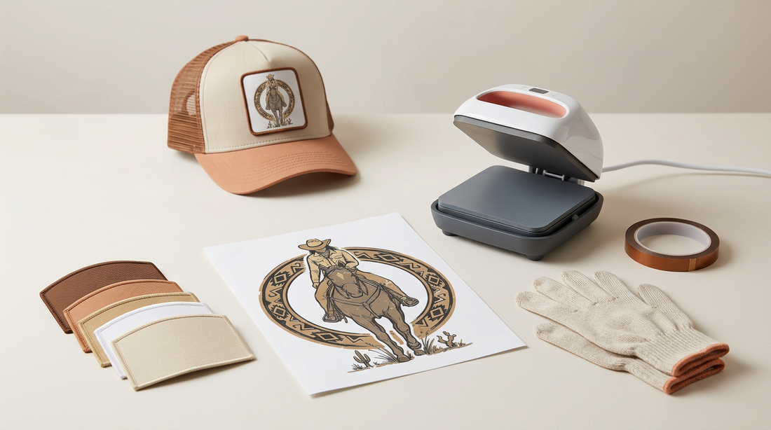 Craft workspace showing blank hat patches, a mini heat press, and printed sublimation designs for custom trucker hats.