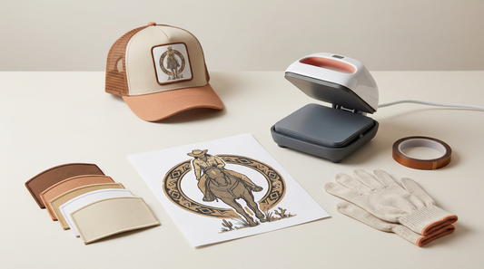 Craft workspace showing blank hat patches, a mini heat press, and printed sublimation designs for custom trucker hats.