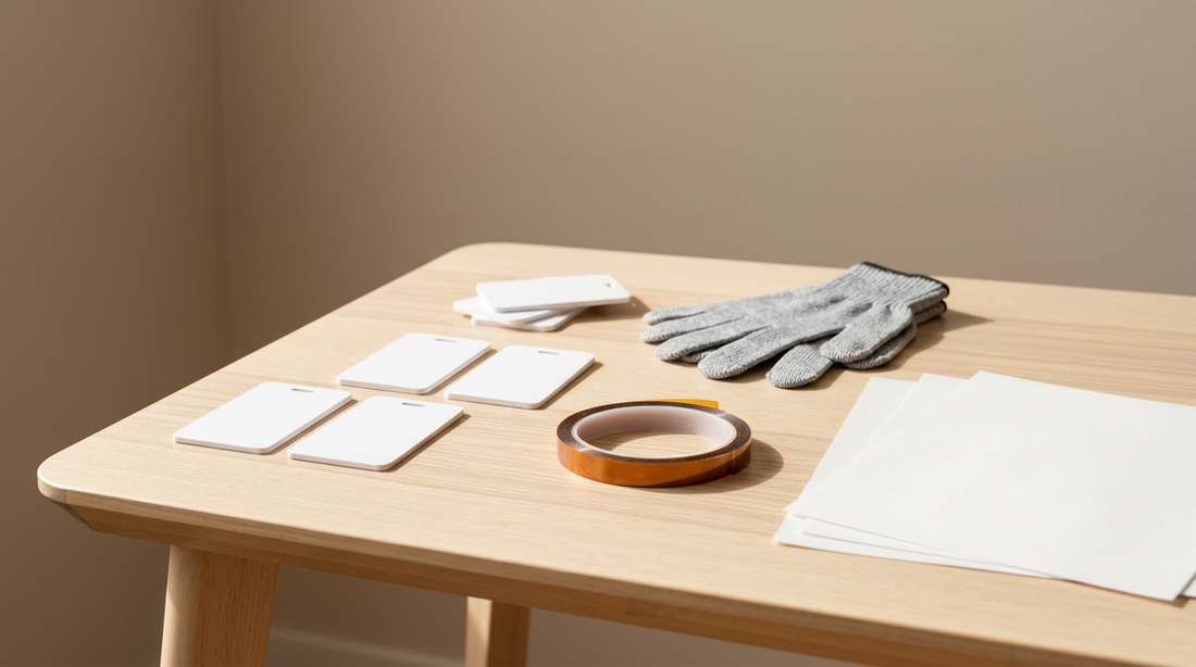 A clean crafting workspace showing blank sublimation luggage tags, heat tape, and printed digital PNG designs ready for