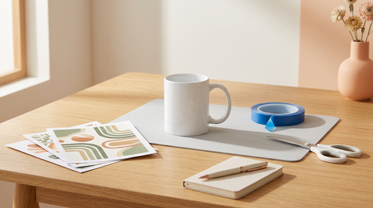 A clean crafting workspace with a blank ceramic mug, heat tape, and printed sublimation transfers on a wooden table.