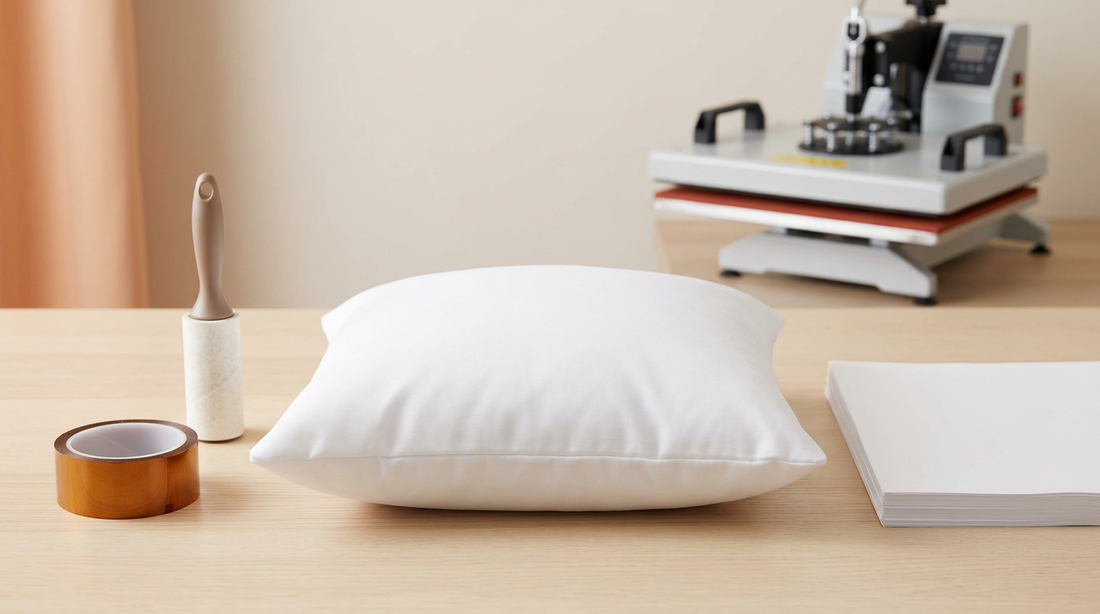 A blank white polyester pillow cover on a crafting table next to a heat press, sublimation paper, and heat-resistant tape.