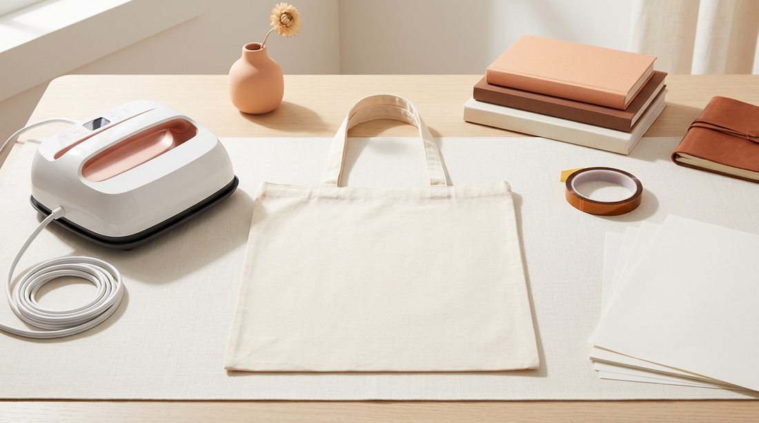 Blank canvas tote bag on a crafting table with a heat press, sublimation paper, and heat tape ready for a project.