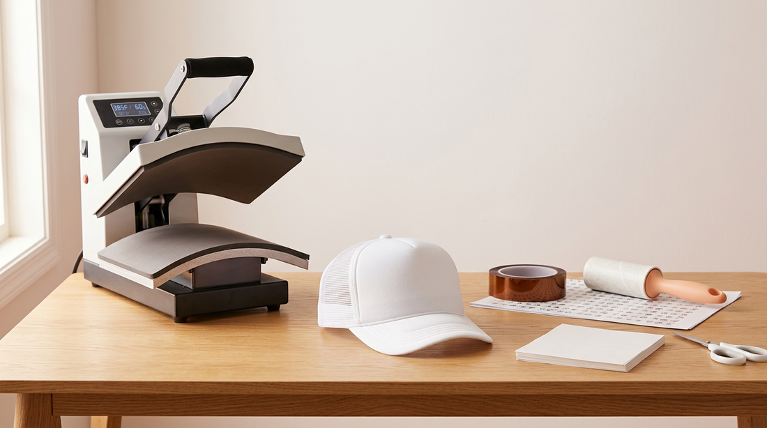 A blank foam trucker hat and a curved heat press on a clean crafting table.