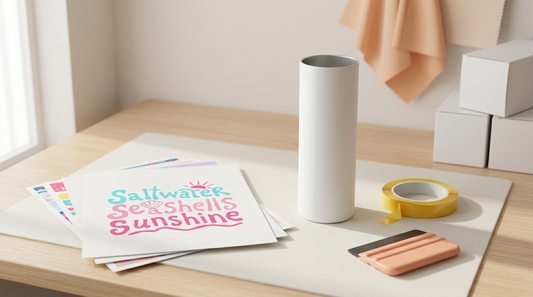 A blank sublimation tumbler, heat tape, and printed PNG designs on a clean crafting table.