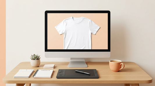 A clean digital workspace showing a blank t-shirt mockup on a computer screen with design tools nearby.