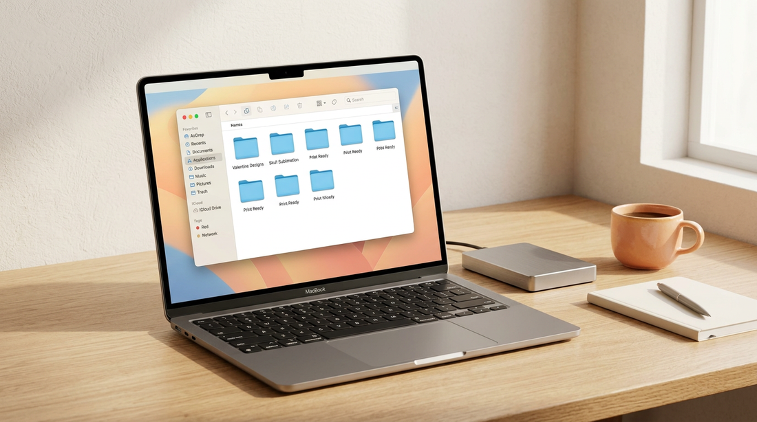 A tidy desk with a laptop, external hard drive, and a notebook showing a folder structure for digital PNG designs.