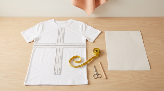 A blank t-shirt on a crafting table with a measuring tape and alignment tools for positioning PNG designs.