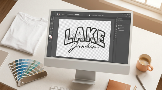 A clean, organized desk showing a computer screen with a transparent PNG design being prepared for print on demand apparel.