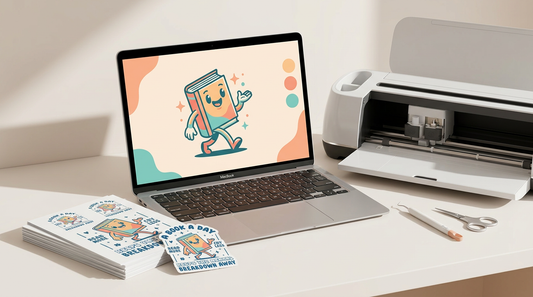 Workspace showing a laptop with a digital PNG design, printed sticker sheets, and a cutting machine.
