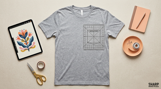 A clean crafting workspace showing a blank t-shirt with a clear acrylic alignment ruler placed over the left chest area.