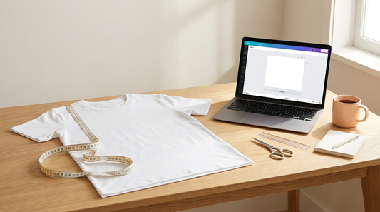A tidy crafting workspace with a blank t-shirt, measuring tape, and a laptop showing design software.