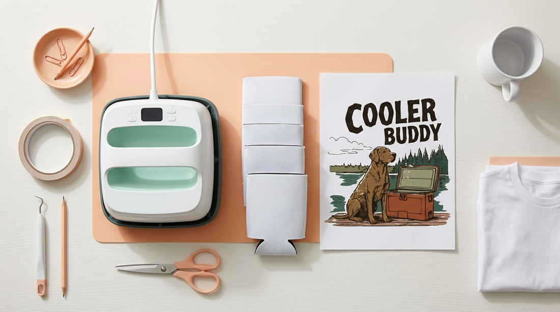 Flat lay of blank neoprene can coolers, a heat press, and printed sublimation transfers on a crafting table.