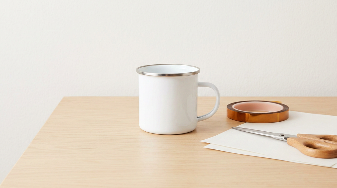 Blank white enamel camp mug with a silver rim sitting on a crafting table next to sublimation paper and heat tape.
