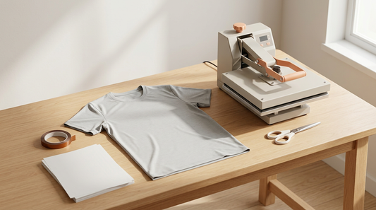 Workspace showing a heat press, blank moisture-wicking shirt, and sublimation supplies.