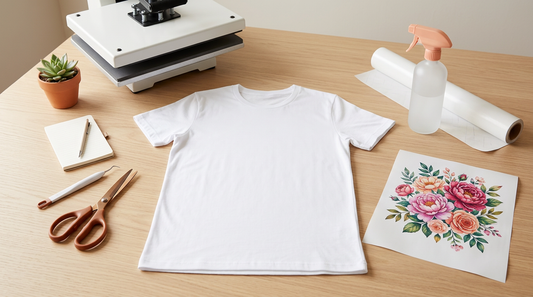 Crafting workspace showing a blank cotton t-shirt, heat press, and sublimation supplies