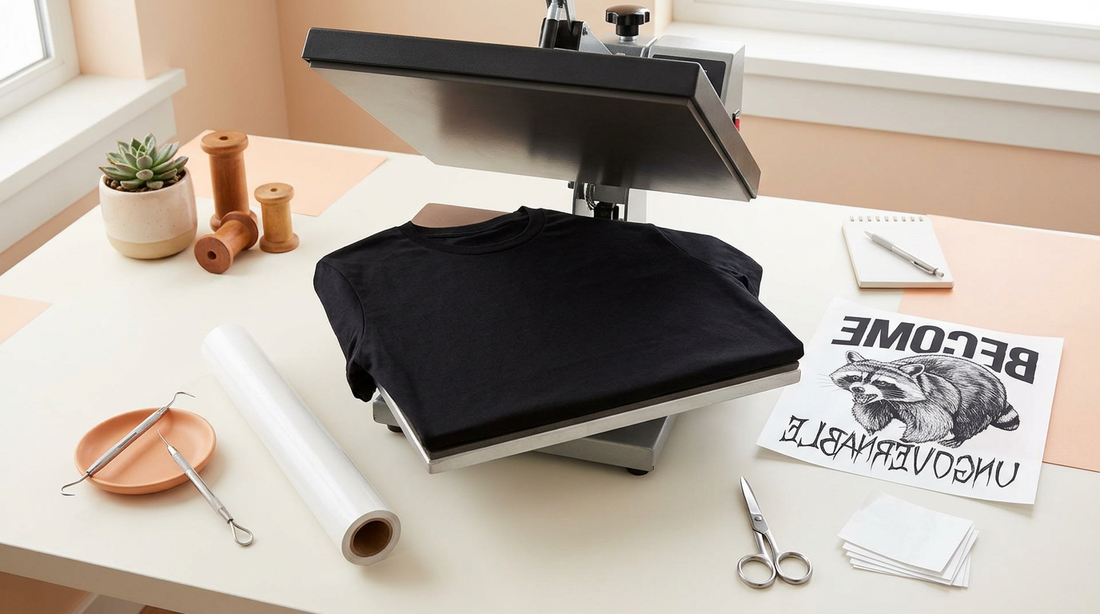A clean crafting workspace showing a blank black t-shirt on a heat press with white heat transfer vinyl and tools.