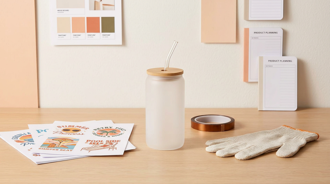 A frosted sublimation glass can cup with a bamboo lid and glass straw sitting on a clean crafting desk.