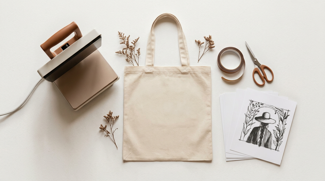 Flat lay of a blank canvas tote bag, heat tape, and crafting tools for a sublimation project on a clean white desk.