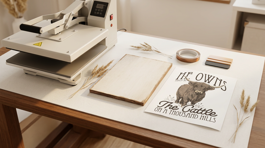 A clean crafting workspace showing a heat press, sublimation paper, and a pre-coated wood blank ready for a digital PNG