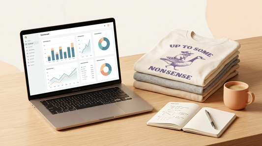A tidy workspace showing a laptop displaying print on demand analytics and digital PNG designs.