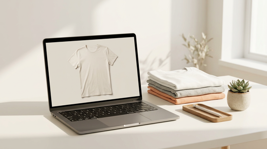 A tidy workspace showing a laptop screen with a print-on-demand mockup generator and blank apparel.