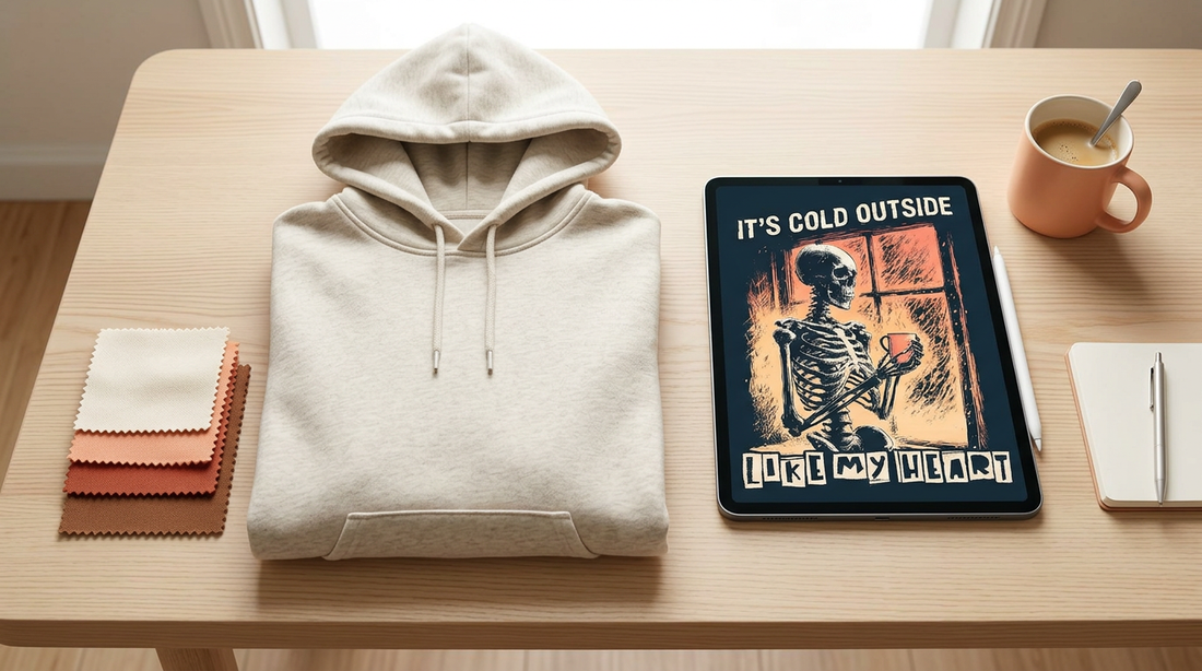 Workspace showing a blank cozy hoodie, digital tablet with a PNG design, and print on demand color swatches.