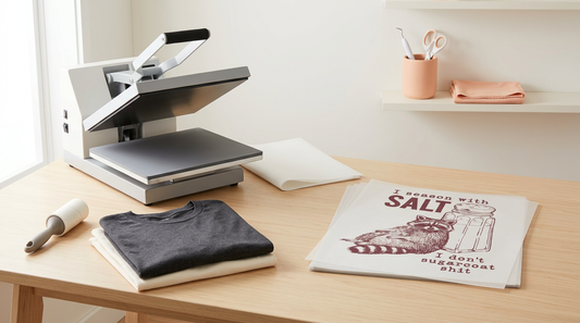 A clean crafting workspace showing a heat press, blank dark t-shirts, printed DTF transfer sheets, and a lint roller on a