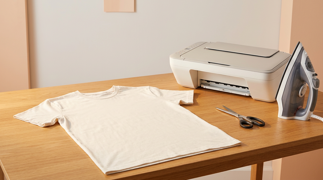Crafting workspace with a blank t-shirt, inkjet printer, scissors, and an iron for making custom apparel.