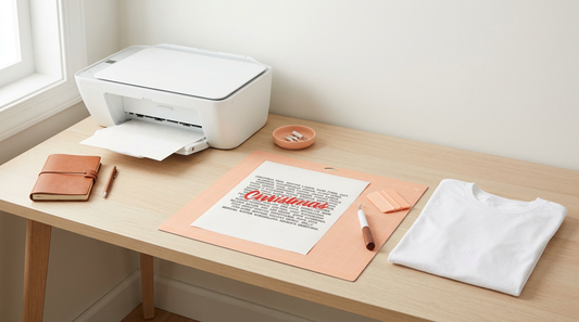A clean crafting workspace showing a blank t-shirt, an inkjet printer, printable HTV sheets, and crafting tools.