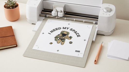 Crafting workspace showing a cutting machine, blank sticker paper, and crafting tools on a light neutral background.