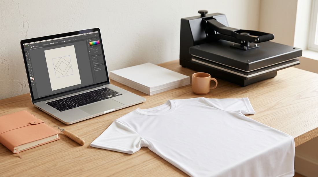 A clean crafting workspace showing a blank white t-shirt, a heat press, and a laptop displaying a digital PNG design.