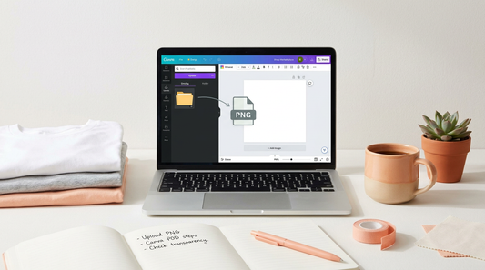 A clean workspace showing a laptop with Canva open, surrounded by blank t-shirts and design tools.
