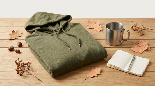 Flat lay of a blank heathered hoodie, insulated camp mug, and fall leaves, representing outdoor apparel planning.