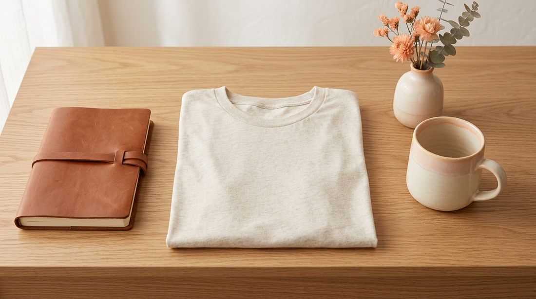 A blank neutral-toned t-shirt folded neatly on a wooden desk next to a leather journal and coffee mug.