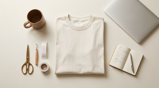 Flat lay of an oversized cozy t-shirt with crafting tools and a coffee mug on a neutral desk.