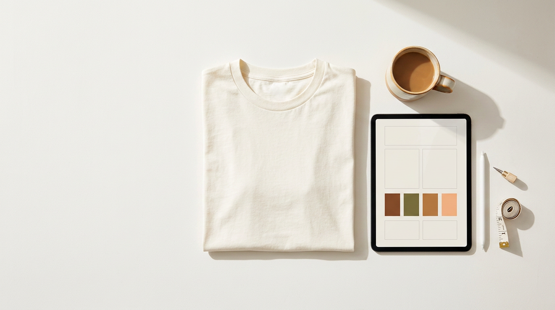 A neat workspace showing a blank t-shirt, color swatches, and a tablet displaying Christian apparel design concepts.