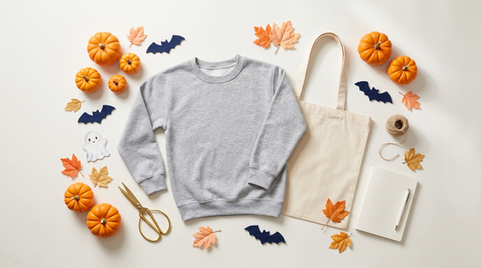 A flat lay of a blank youth sweatshirt and a canvas trick-or-treat bag surrounded by cute, non-scary Halloween props.