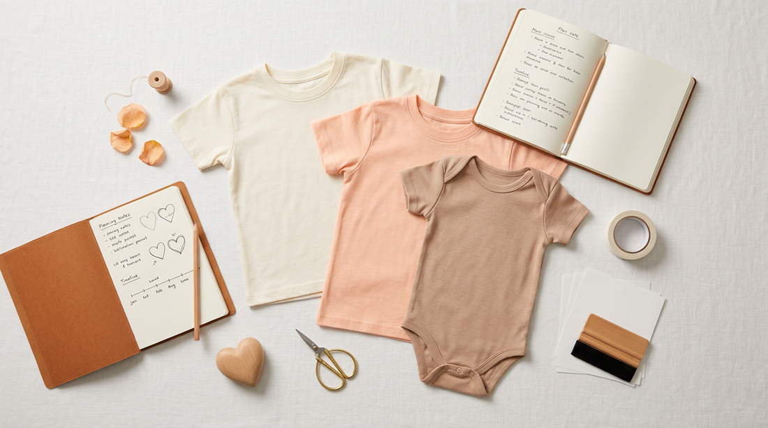 Flat lay of blank toddler t-shirts and baby bodysuits surrounded by crafting tools and seasonal planning notes.
