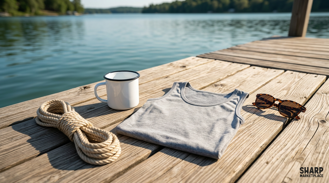 Flat lay of blank summer apparel and camp mugs on a wooden dock setting for print on demand sellers.