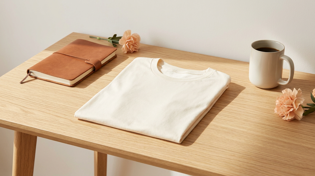A stylish print-on-demand workspace featuring a cream-colored t-shirt blank, crafting tools, and warm neutral accents.