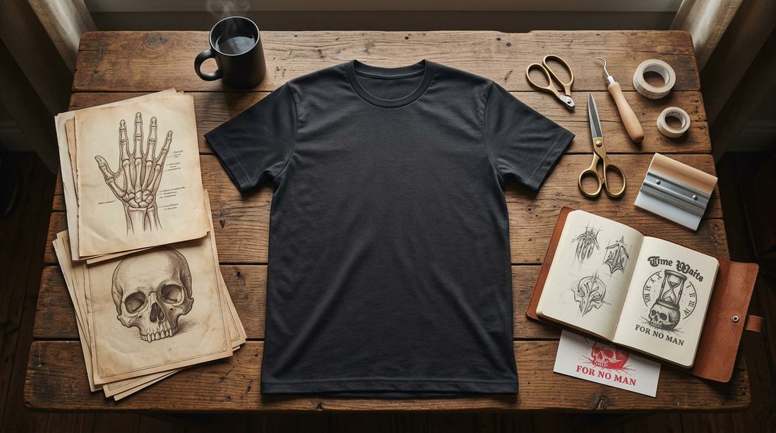 Workspace featuring a dark heather t-shirt blank, gothic art prints, and print-on-demand styling tools on a wooden desk.