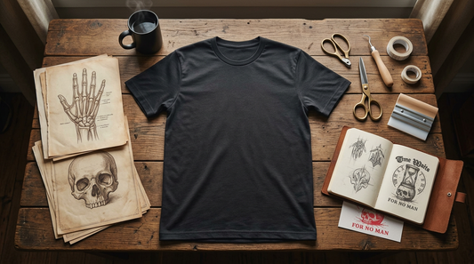 Workspace featuring a dark heather t-shirt blank, gothic art prints, and print-on-demand styling tools on a wooden desk.