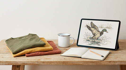 Workspace showing vintage mallard duck PNG designs and outdoor apparel blanks for print on demand.