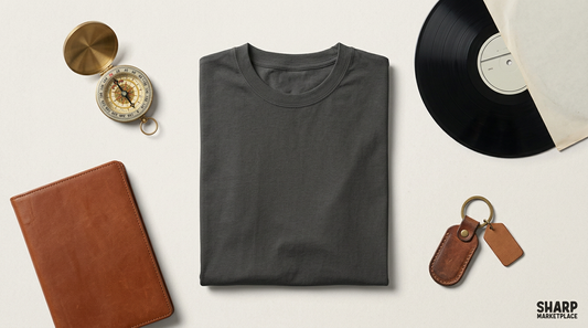 Flat lay of a men's graphic tee mockup surrounded by outdoor and automotive lifestyle props on a neutral background.