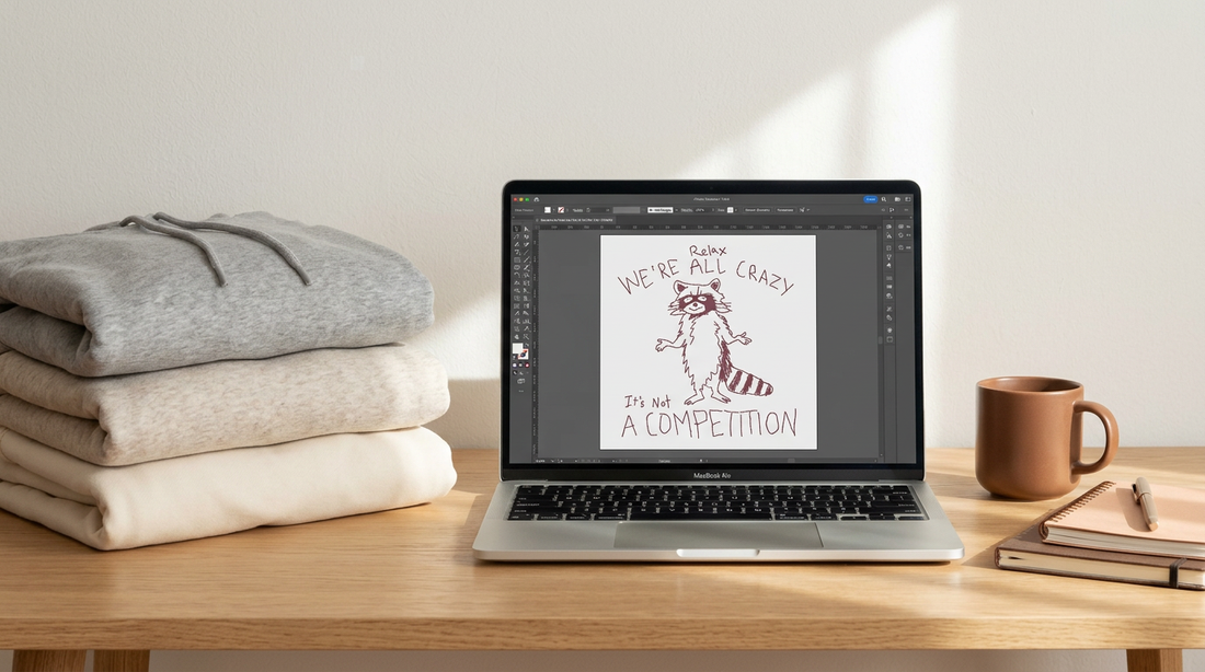 Cozy workspace with blank oversized hoodies, a laptop showing digital designs, and a warm coffee mug.