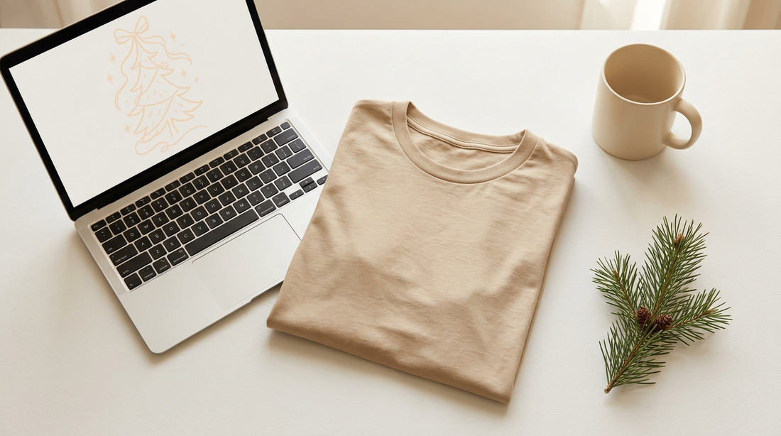 A cozy, neutral workspace featuring a blank sand-colored t-shirt and minimalist holiday design elements.